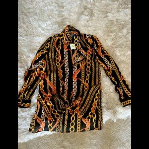 Gold chain long sleeve blouse with tie front